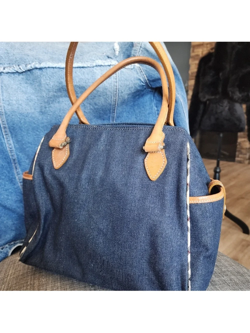Burberry Denim Tote with Tan Leather Trim